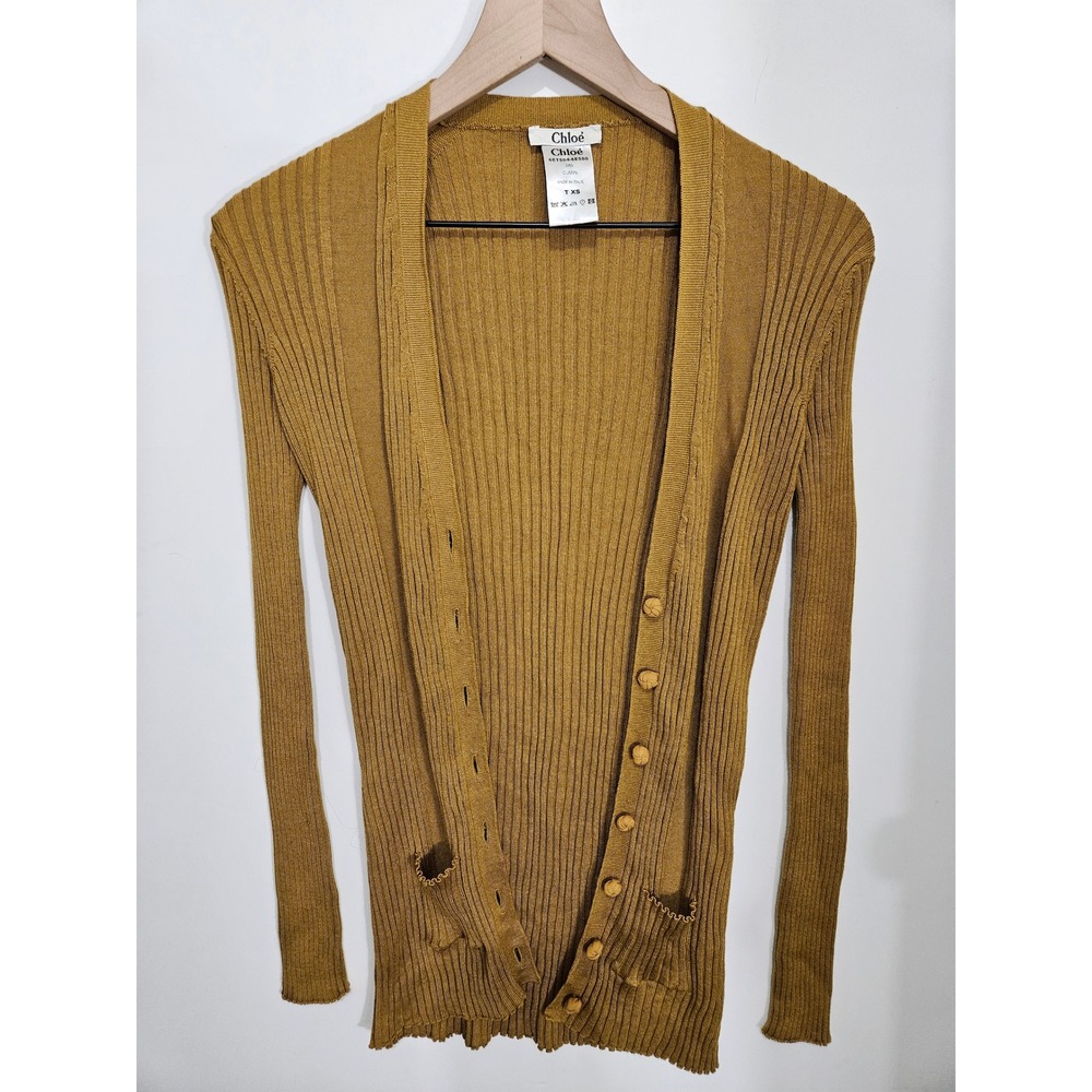 Chloe Cumin Mustard Yellow Ribbed Knit Button‎ Front Cardigan XS 6ET504-6E500